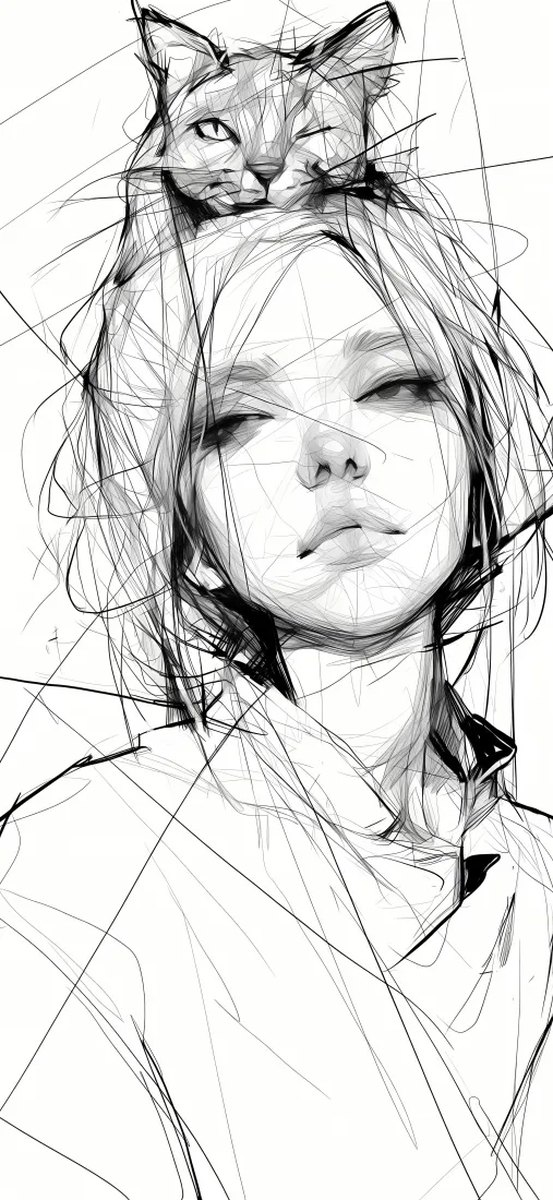 线条女孩小猫手机壁纸｜艺术素描背景 - 黑白「哲风壁纸」