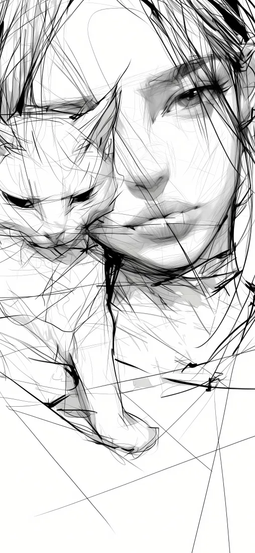 线条女孩小猫手机壁纸｜手绘艺术背景图片 - 素描「哲风壁纸」