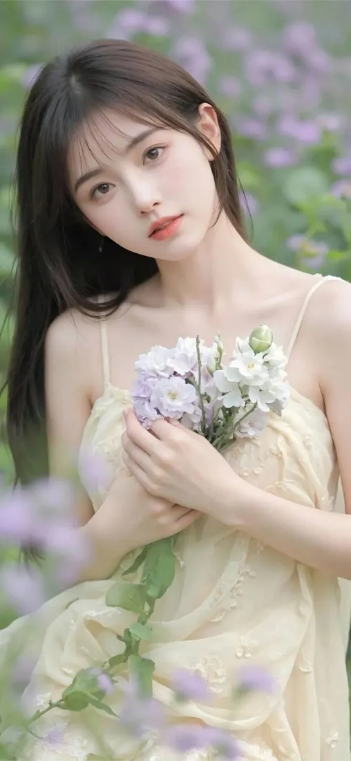 花束美女手机壁纸｜米黄裙花海背景 - 清新「哲风壁纸」
