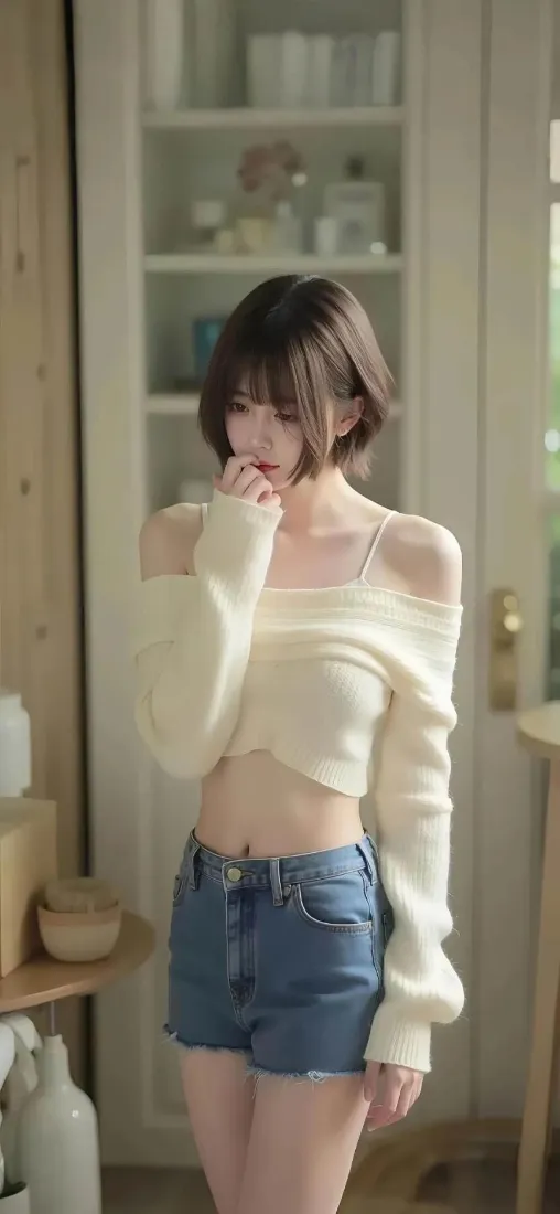 短发美女手机壁纸｜室内背景 - 牛仔短裤穿搭「哲风壁纸」