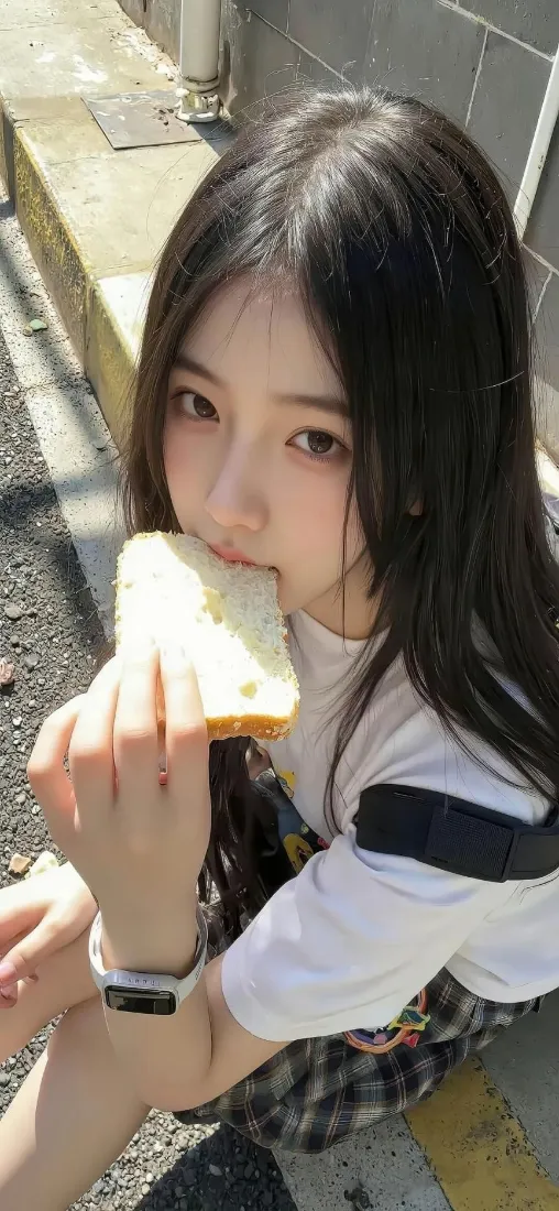 长发美女手机壁纸｜户外背景 - 青春吃面包「哲风壁纸」