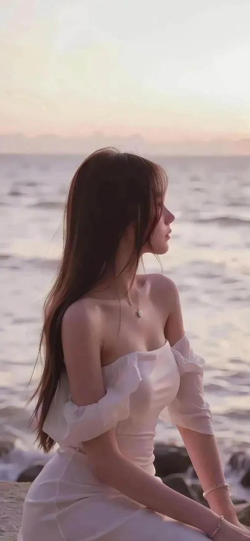 海边美女手机壁纸｜日落背景图片 - 白裙长发「哲风壁纸」