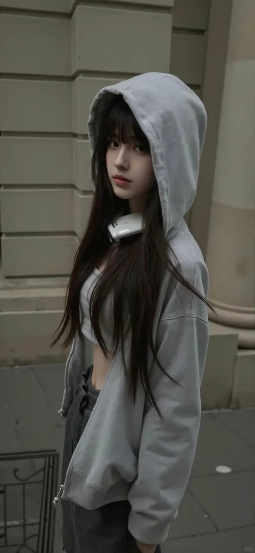 灰色连帽衫美女手机壁纸｜街头背景 - 长发美女「哲风壁纸」