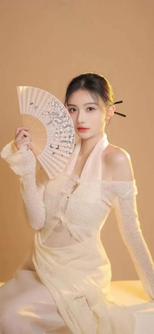 古风美女手机壁纸｜暖黄背景 - 折扇古装「哲风壁纸」