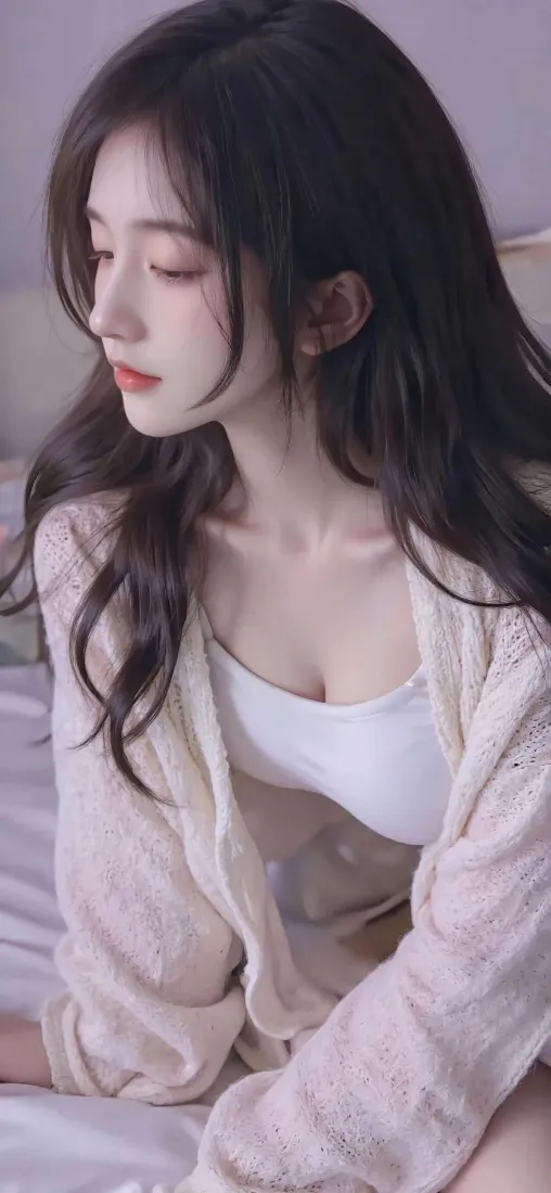 长发美女手机壁纸｜室内背景图片 - 浅色穿搭「哲风壁纸」