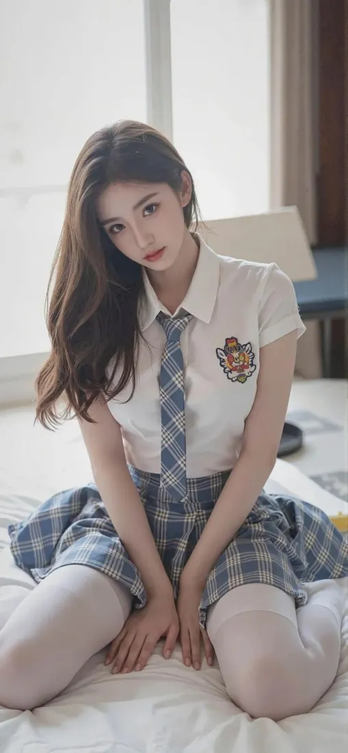 校服美女手机壁纸｜室内背景 - 白丝袜格子裙「哲风壁纸」