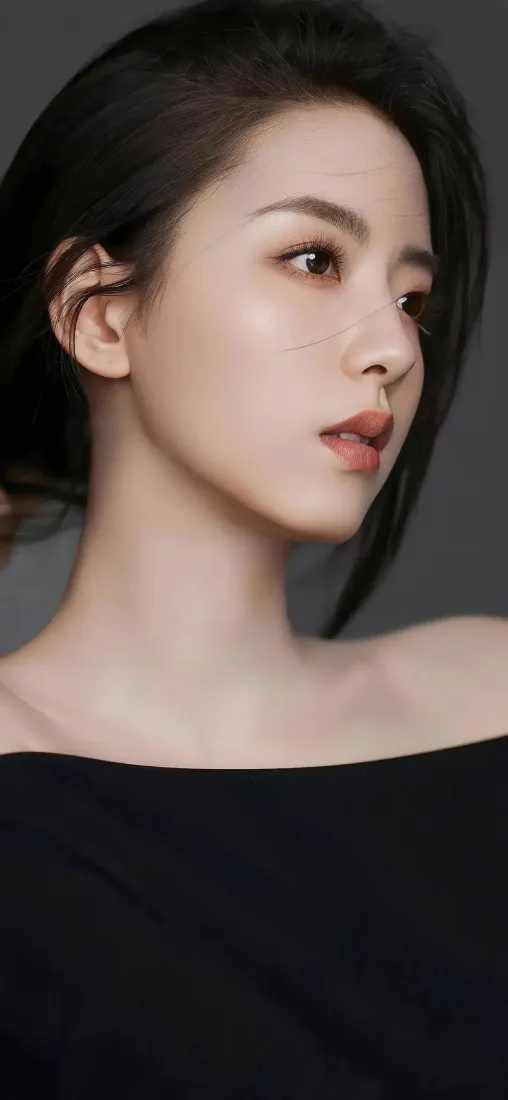黑衣美女手机壁纸｜灰色背景 - 气质侧脸「哲风壁纸」