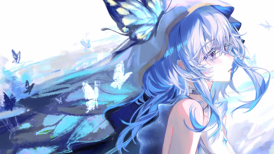 4k蓝发少女壁纸｜蝴蝶背景图片 - 二次元「哲风壁纸」