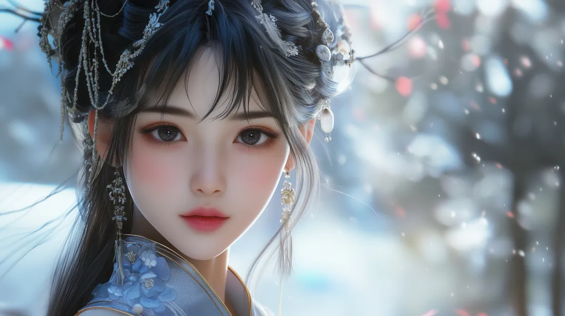 3k古风少女壁纸｜雪景背景图片 - 汉服蓝裙「哲风壁纸」