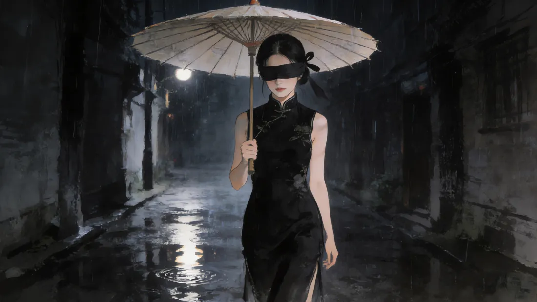4k蒙眼旗袍女壁纸｜雨夜古巷背景 - 油纸伞「哲风壁纸」