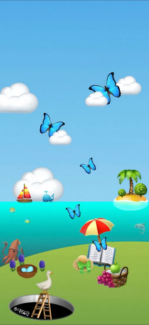 卡通海滩手机壁纸｜可爱背景 - 蝴蝶海洋「哲风壁纸」