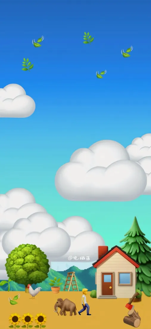 卡通乡村手机壁纸｜蓝天白云背景图片 - 房屋树木动物「哲风壁纸」