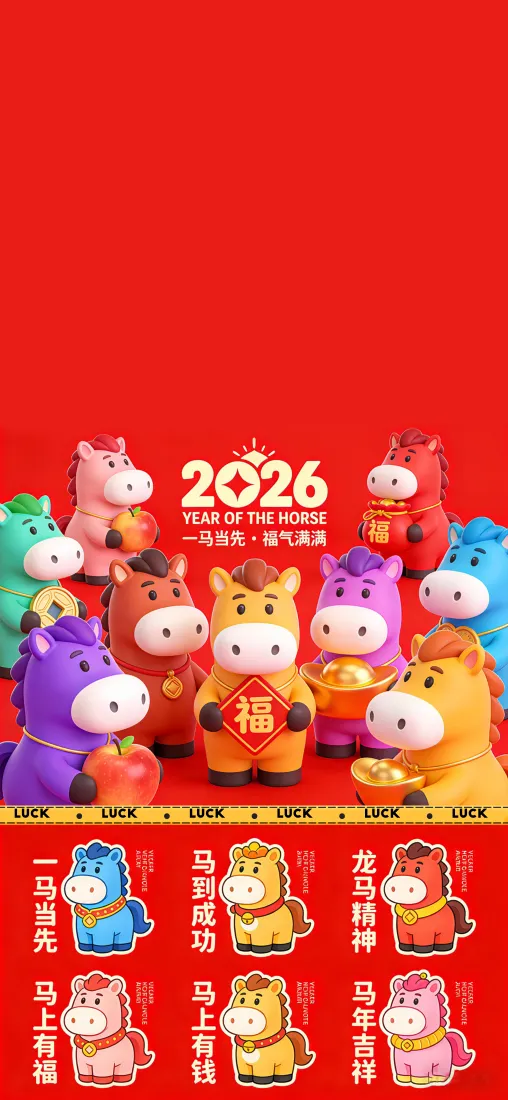 2026卡通牛手机壁纸｜红色背景 - 福字生肖「哲风壁纸」