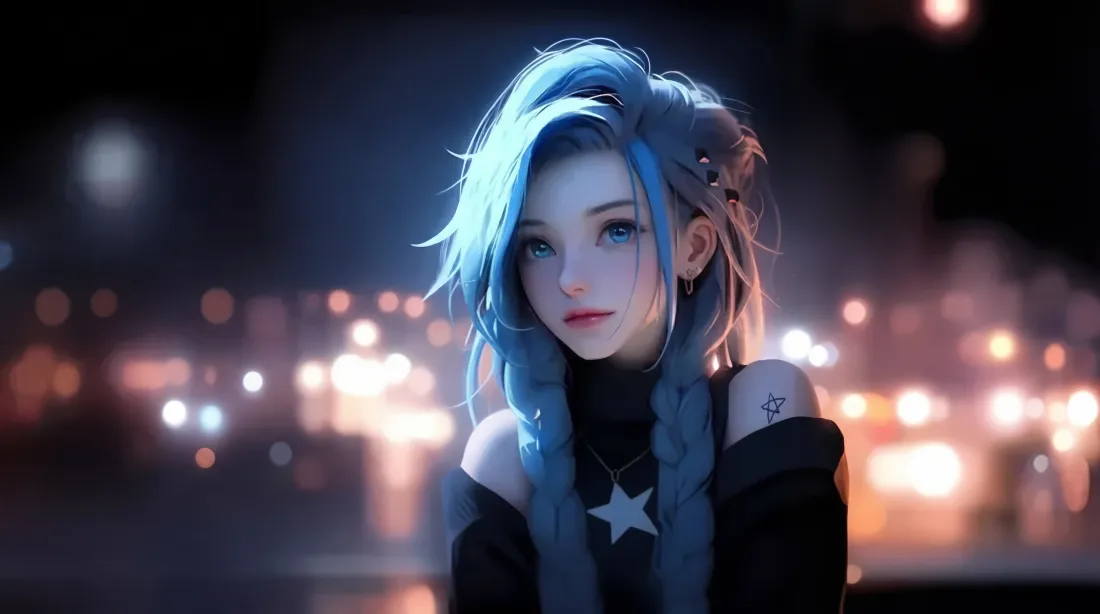 6k蓝发少女壁纸｜城市夜景背景图片 - 4K「哲风壁纸」