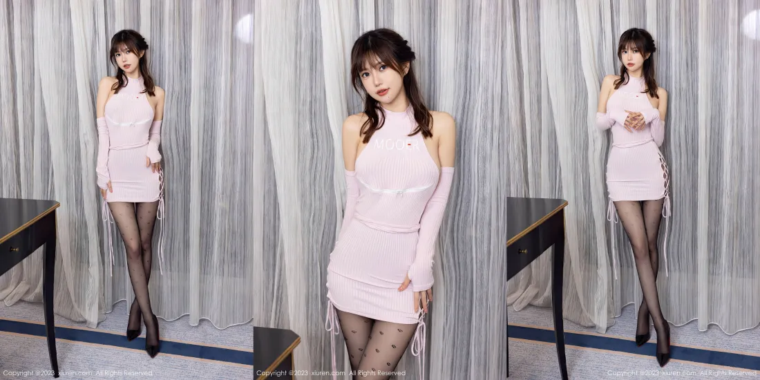 5k粉色裙美女壁纸｜室内背景图 - 黑丝高跟鞋「哲风壁纸」