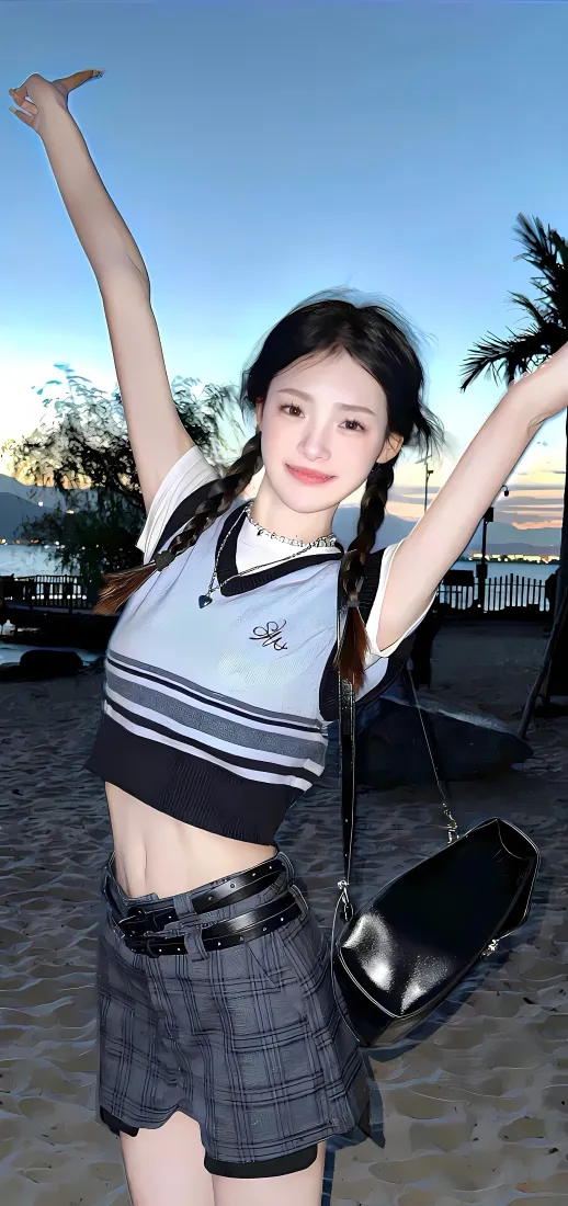 双马尾美女手机壁纸｜沙滩背景 - 格纹裙穿搭「哲风壁纸」