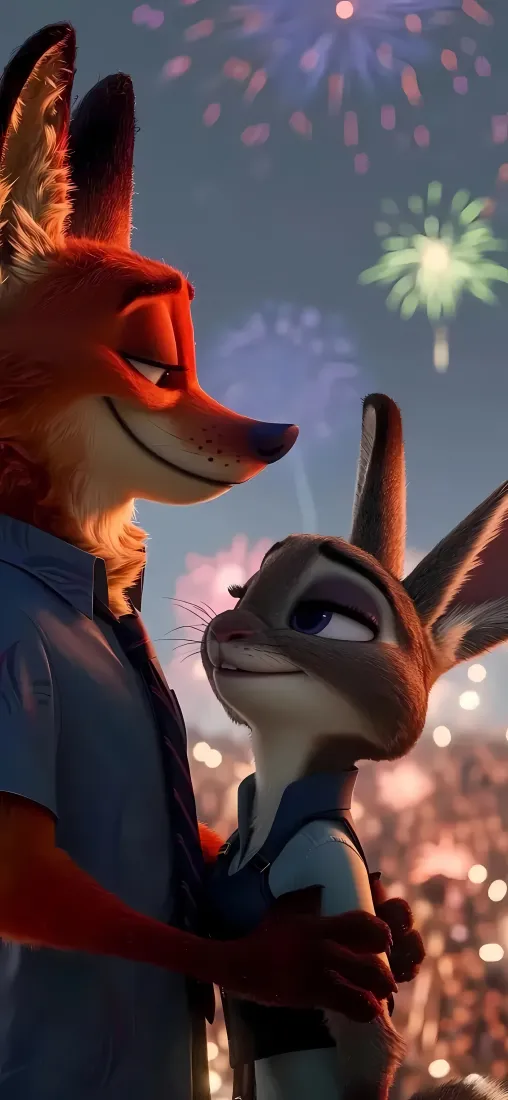 疯狂动物城2手机壁纸｜尼克朱迪 - 烟花「哲风壁纸」