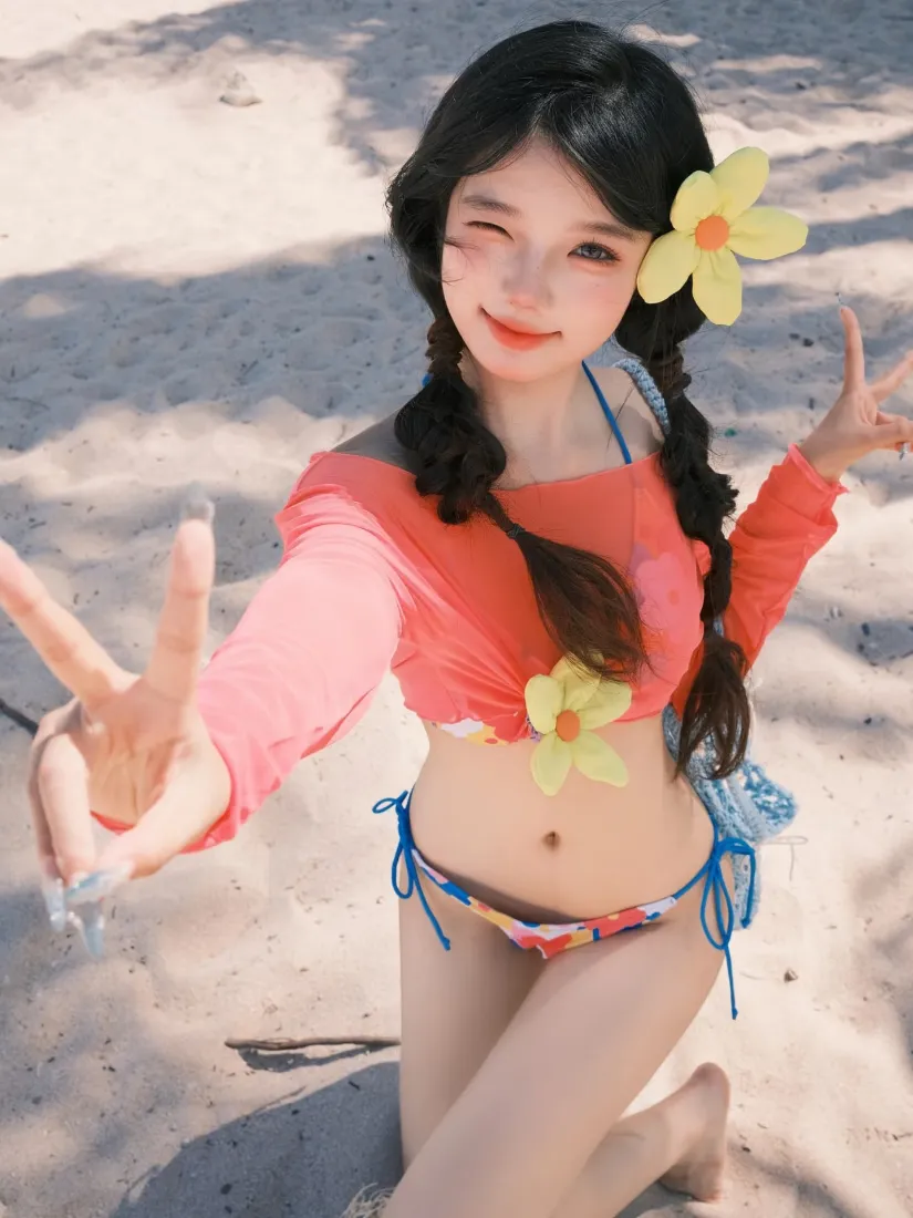 红衣美女沙滩手机壁纸｜夏日背景图 - 花朵「哲风壁纸」