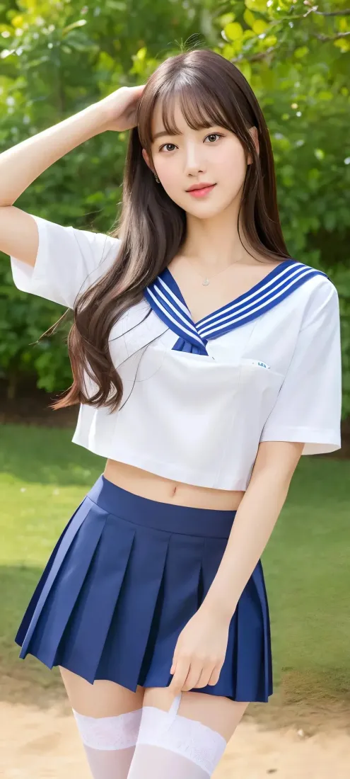 水手服美女手机壁纸｜草地背景 - 白丝蓝裙「哲风壁纸」