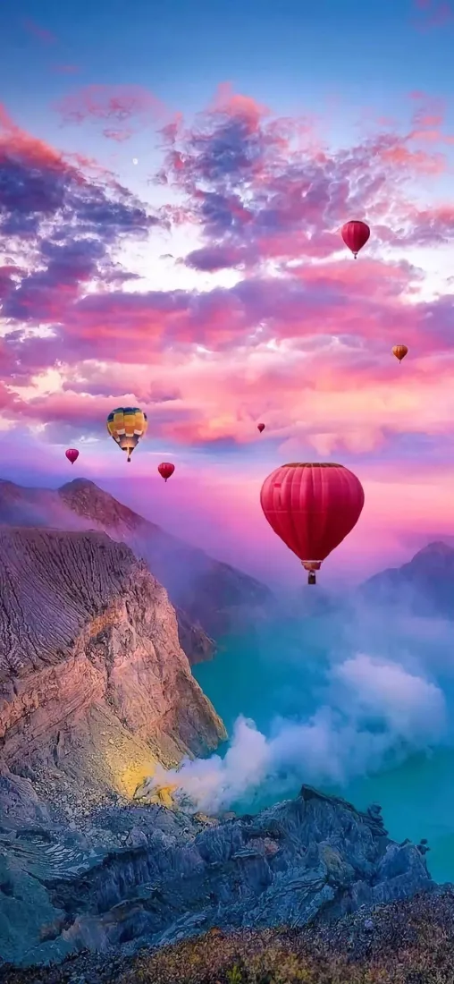 热气球手机壁纸｜粉紫天空背景图片 - 山脉湖泊「哲风壁纸」