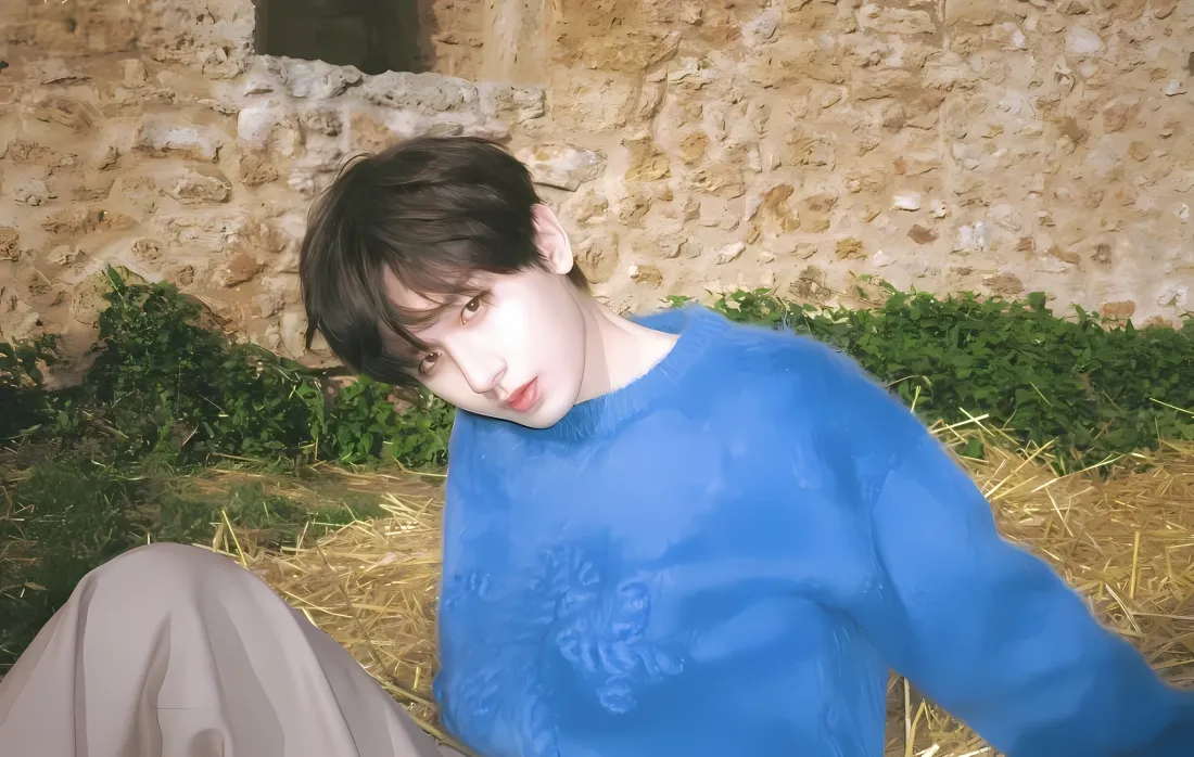 2k成毅壁纸｜草地干草背景图片 - 蓝色毛衣「哲风壁纸」