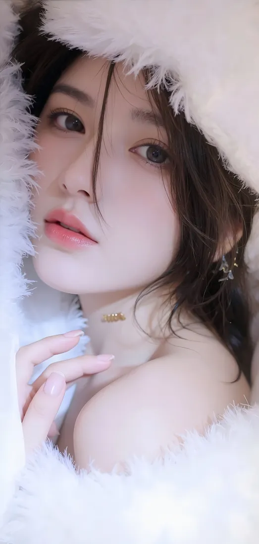 白衣美女手机壁纸｜毛绒背景 - 精致妆容「哲风壁纸」