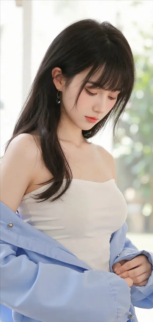 美女手机壁纸｜清新背景图 - 蓝衣白抹胸「哲风壁纸」