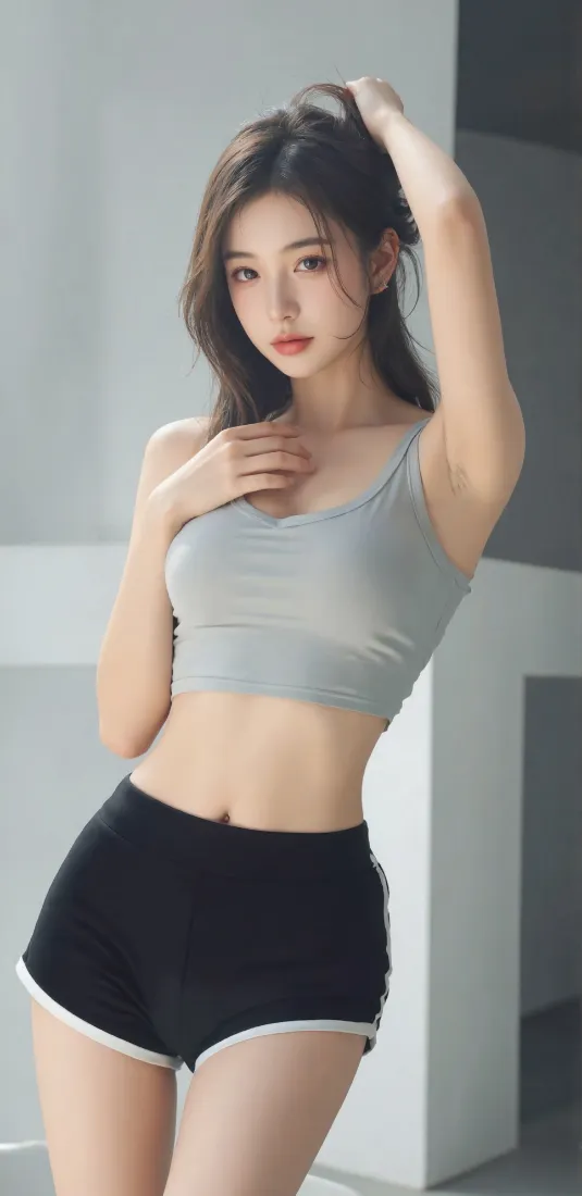 运动美女手机壁纸｜室内背景 - 灰色背心「哲风壁纸」
