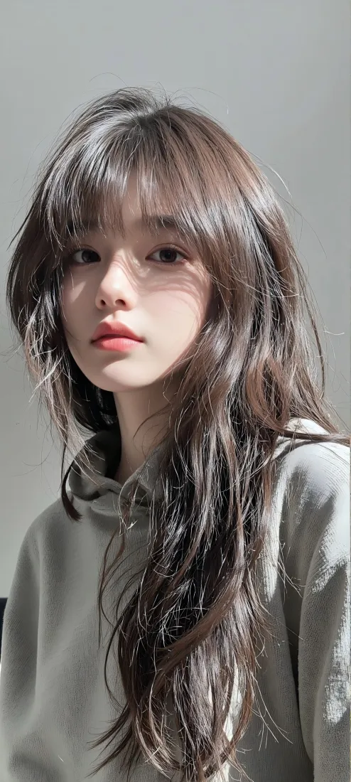 美女手机壁纸｜简约背景图片 - 灰衣长发「哲风壁纸」