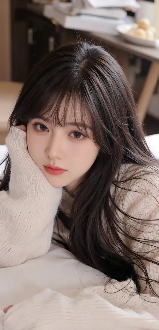 长发美女手机壁纸｜室内背景 - 白衣温柔「哲风壁纸」