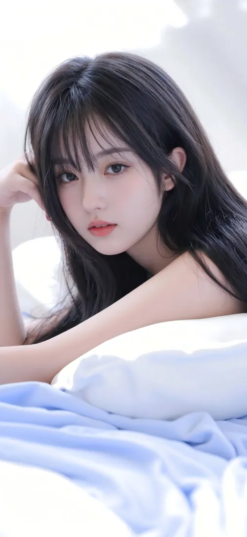 长发美女手机壁纸｜蓝床背景 - 清新Ios「哲风壁纸」