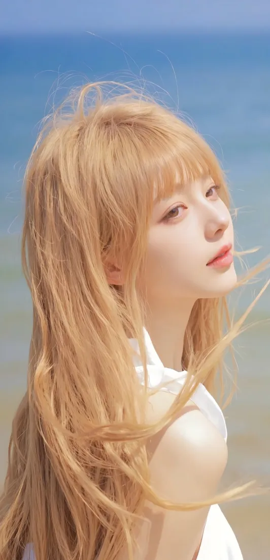 金发美女手机壁纸｜海边背景图片 - 白衣清新「哲风壁纸」