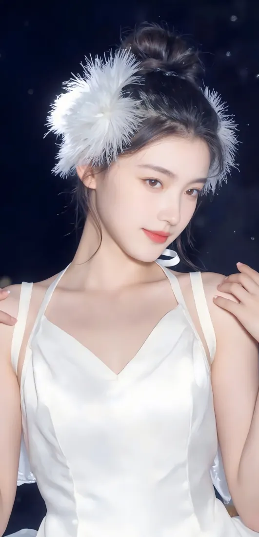 白衣美女手机壁纸｜暗背景图片 - 羽毛发饰「哲风壁纸」