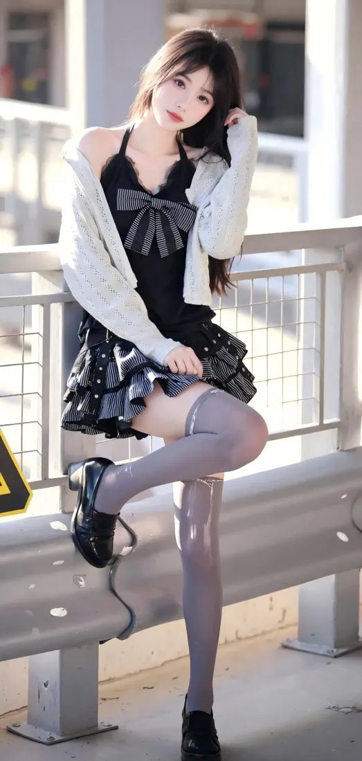 黑衣美女手机壁纸｜户外街道 - 灰色丝袜「哲风壁纸」