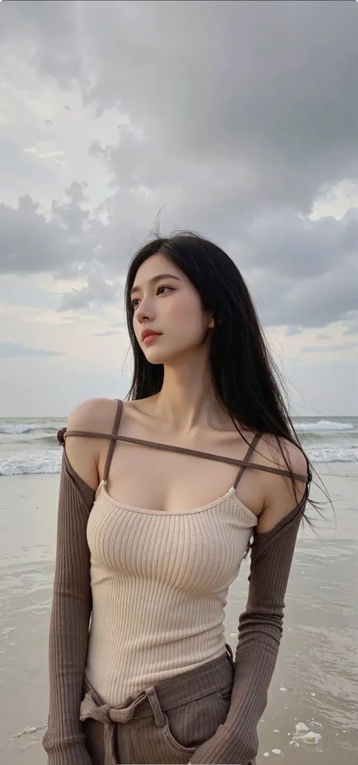 美女手机壁纸｜海边背景图片 - 沙滩穿搭「哲风壁纸」