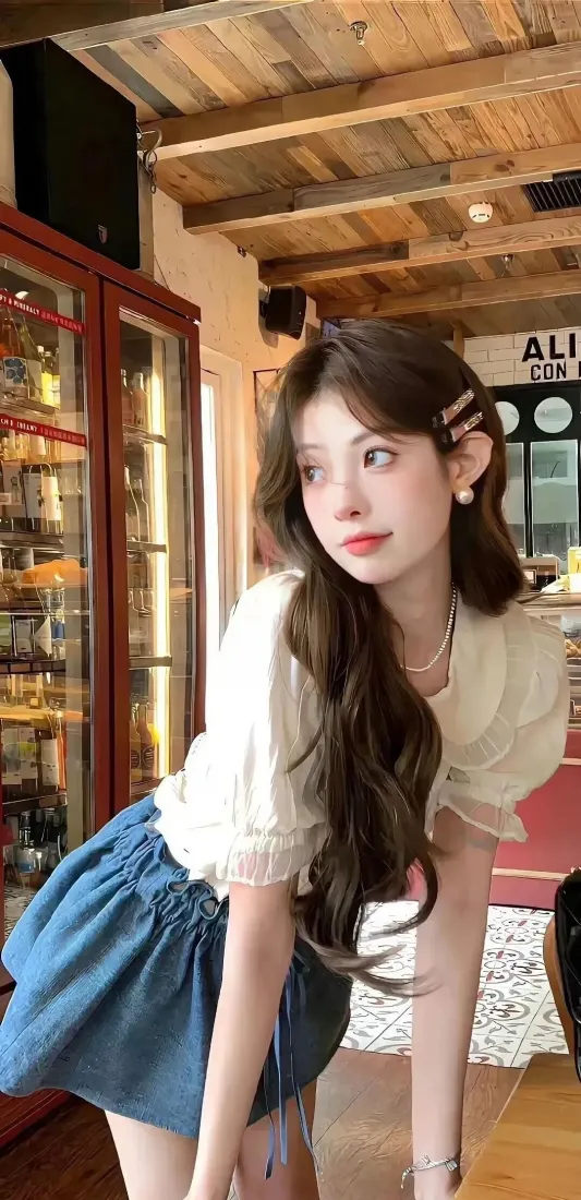 美女手机壁纸｜咖啡店背景 - 白衣牛仔裙「哲风壁纸」