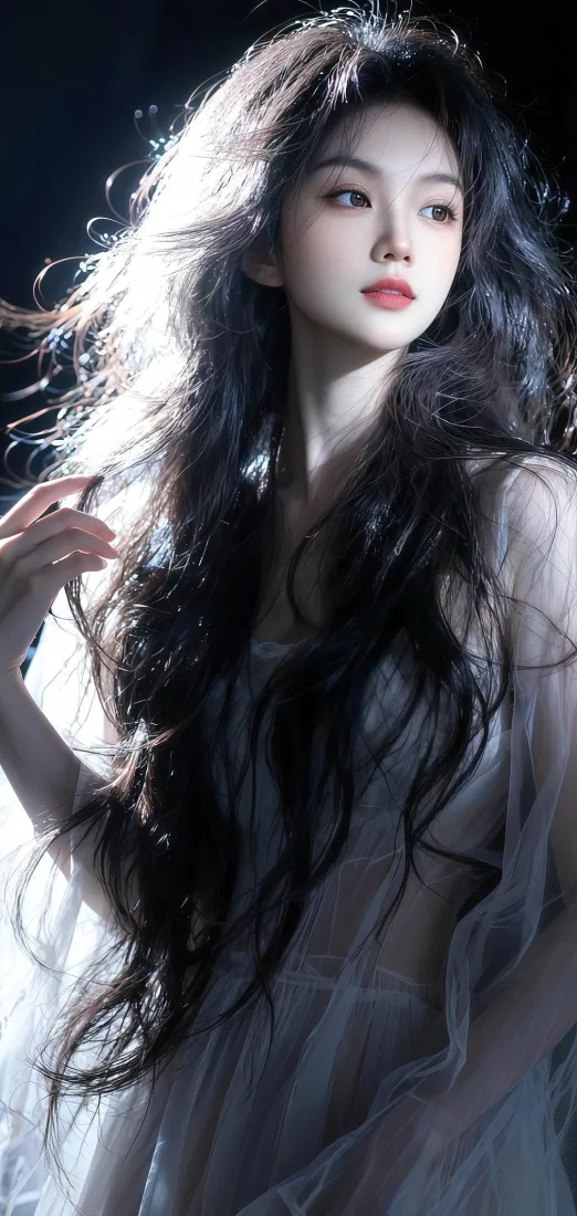 长发美女手机壁纸｜暗调背景图片 - 纱裙红唇「哲风壁纸」