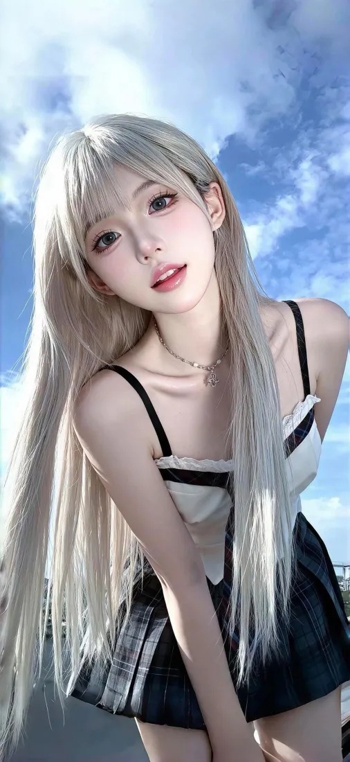 金发美女手机壁纸｜蓝天白云背景 - 吊带短裙「哲风壁纸」