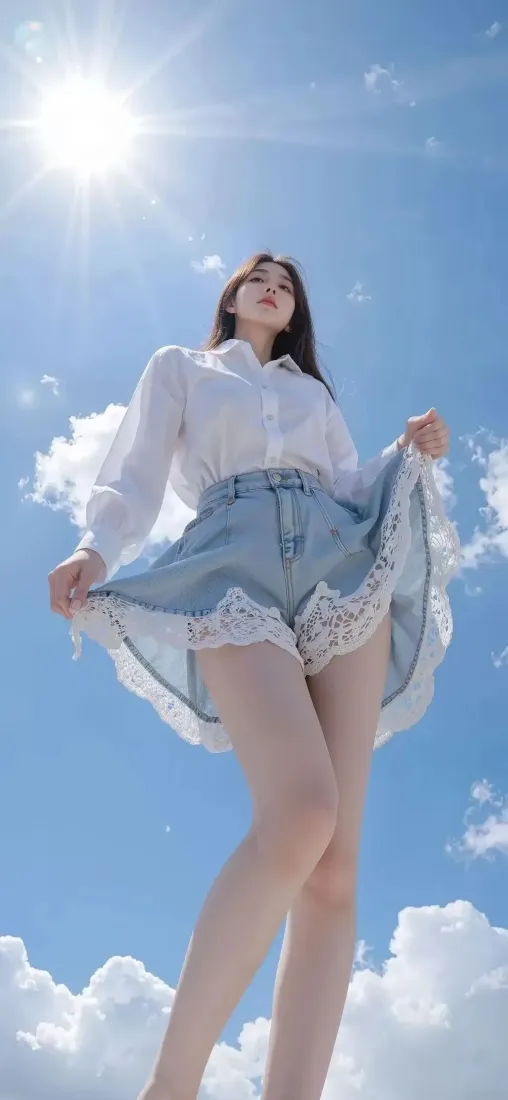 美女手机壁纸｜蓝天背景 - 蕾丝牛仔裙「哲风壁纸」