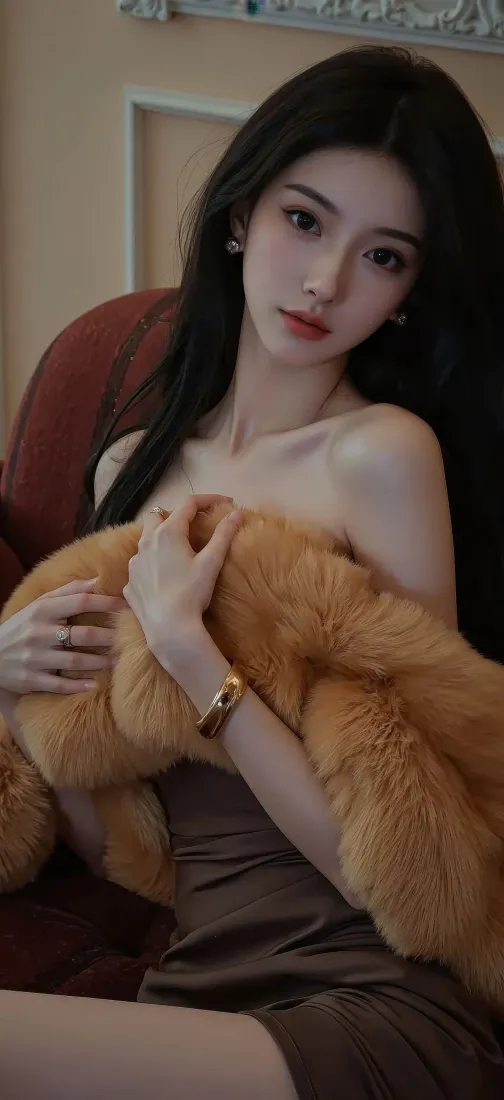 美女手机壁纸｜室内背景图 - 毛绒连衣裙「哲风壁纸」