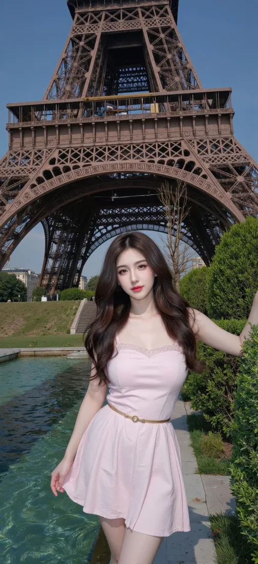 埃菲尔铁塔手机壁纸｜巴黎 - 粉裙美女「哲风壁纸」