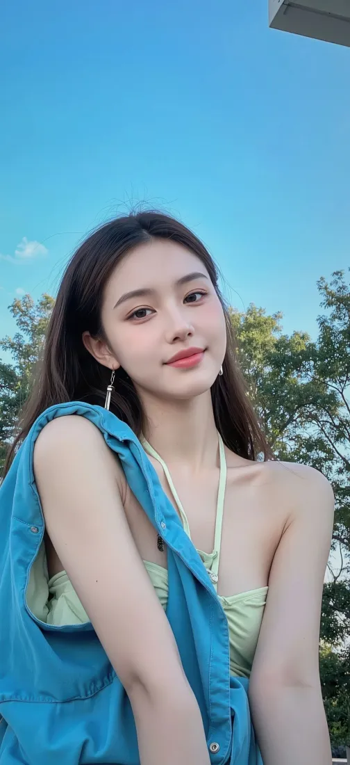 美女手机壁纸｜蓝天绿树背景 - 蓝衣绿衣「哲风壁纸」