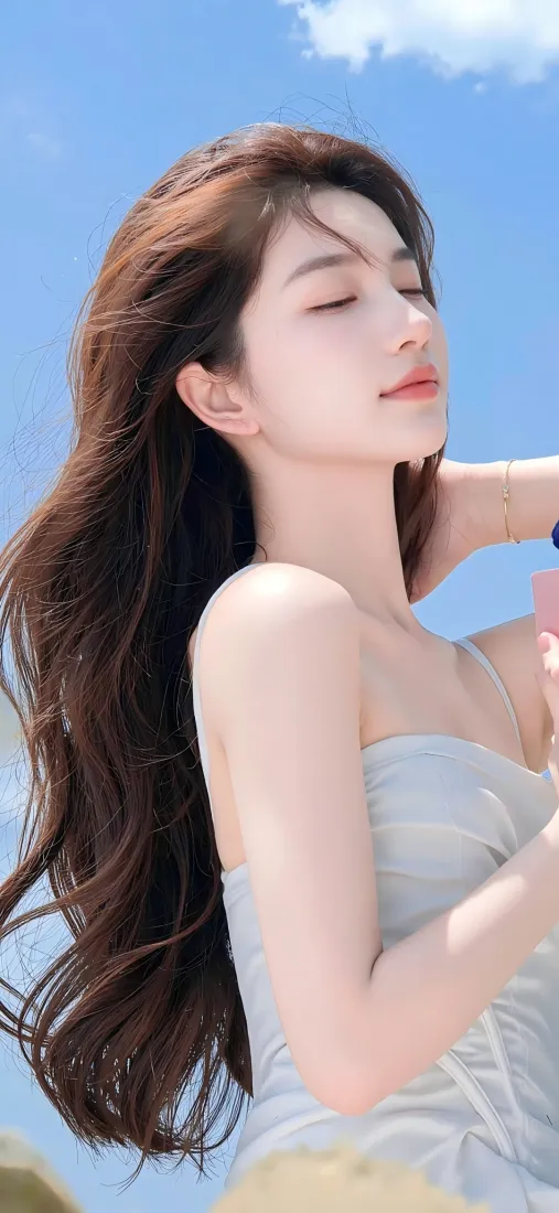 长发美女手机壁纸｜蓝天 - 抹胸裙「哲风壁纸」