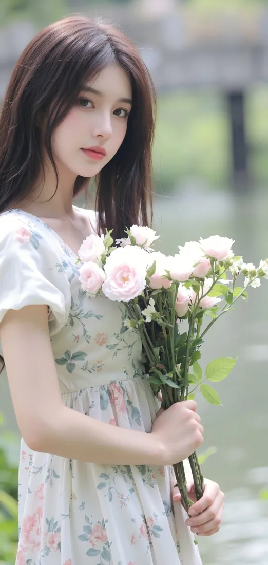 碎花裙美女手机壁纸｜户外背景 - 花束「哲风壁纸」