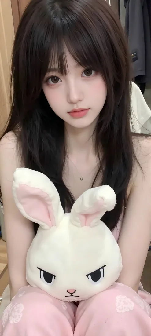 美女抱兔玩偶手机壁纸｜粉色裤背景图 - 可爱「哲风壁纸」