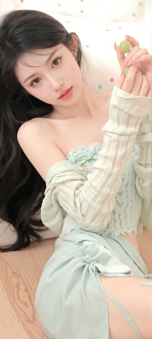 美女手机壁纸｜浅绿穿搭背景图片 - 迷人长发「哲风壁纸」