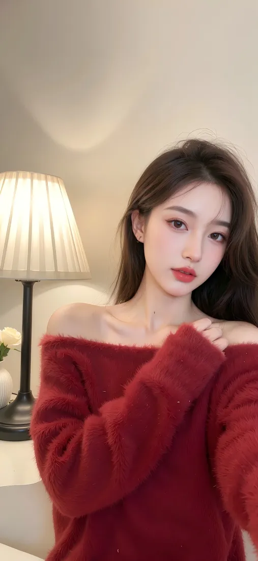 红衣美女手机壁纸｜室内背景图片 - 红唇「哲风壁纸」