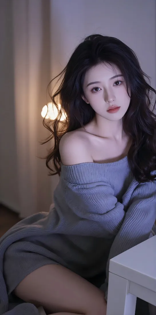 美女手机壁纸｜灰毛衣背景 - 露肩卷发「哲风壁纸」