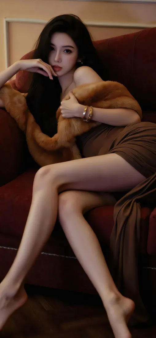 美女手机壁纸｜红沙发 - 棕色裙毛绒披肩「哲风壁纸」