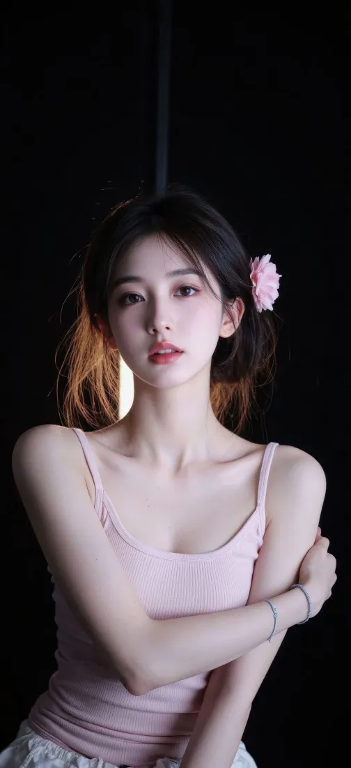 粉色吊带美女手机壁纸｜黑底 - 甜美「哲风壁纸」